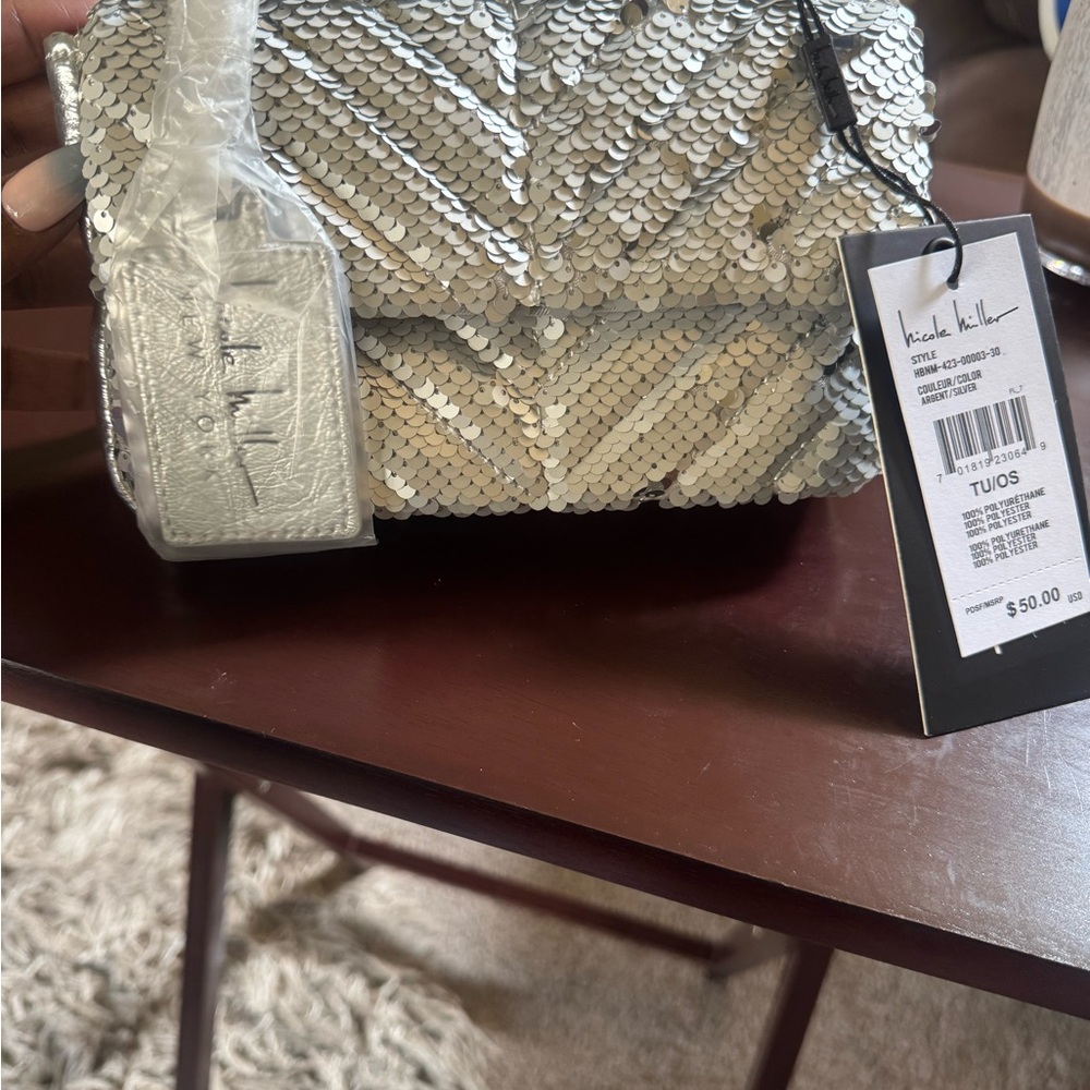 NWT Nicole Miller Silver Chevron Sequin Quilted Purse